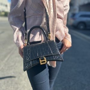 Balenciaga Women’s Hourglass Small Handbag Crocodile Embossed in Black